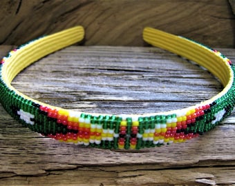 Navajo beaded HEADBAND loom woven glass seed beads, Southwestern traditional Native design, Eagle feather & arrow. Strength, wisdom. Green.