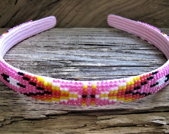 Navajo beaded HEADBAND loom woven glass seed beads, Southwestern native traditional design, Eagle feather & arrow. Strength, wisdom. Pink.
