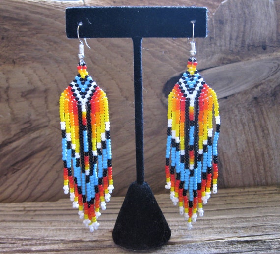 artisan Long FRINGE EARRINGS, glass seed beads, f… - image 1