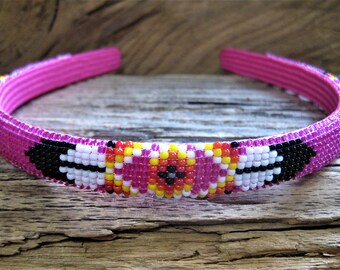 Navajo bead HEADBAND loom woven glass seed beads, Southwestern Native design, Eagle feather, arrow & God's Eye. Strength, wisdom. Dark pink.