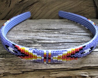 Navajo beaded HEADBAND loom woven glass seed beads, Southwestern traditional native design, Eagle feather & arrow. Strength, wisdom. Purple.