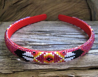 Navajo bead HEADBAND loom woven glass seed beads, Southwestern Native design, Eagle feather, arrow & God's Eye. Strength, wisdom. Red. BoHo.