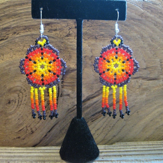 artisan FLOWER blossom FRINGE EARRINGS, glass seed