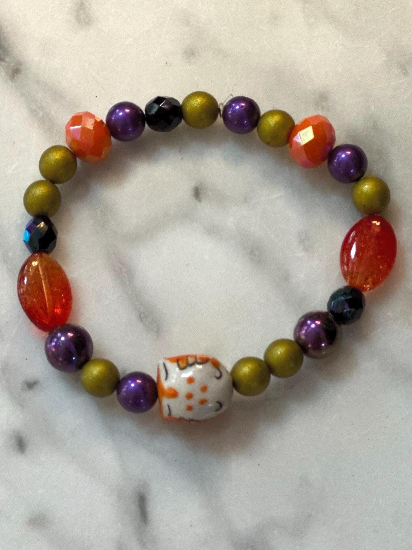 Ceramic Owl Bead Bracelet, Owl Bracelet, Czech Glass Beaded Bracelet, Czech Glass Bracelet, Beaded B