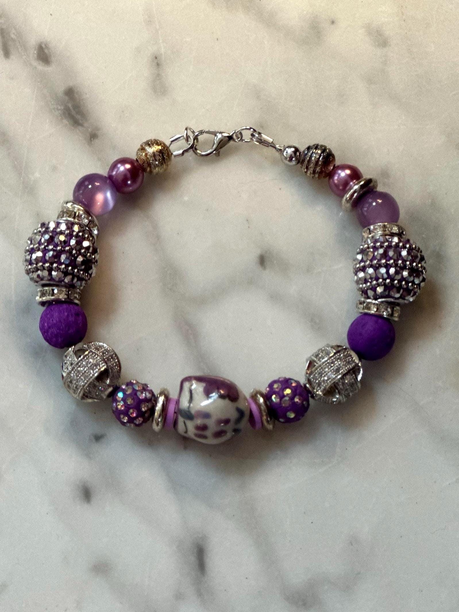 Ceramic Owl Bracelet, Beaded Bracelet, Purple Beaded Bracelet, Jesse James Bead Bracelet