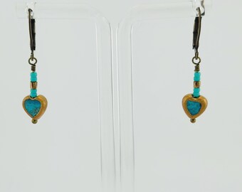 Genuine Turquoise Heart Earrings, Brass Paint Heart Earrings, Dangle Earrings, Boho Jewelry, Romantic Jewelry, Gift for Her