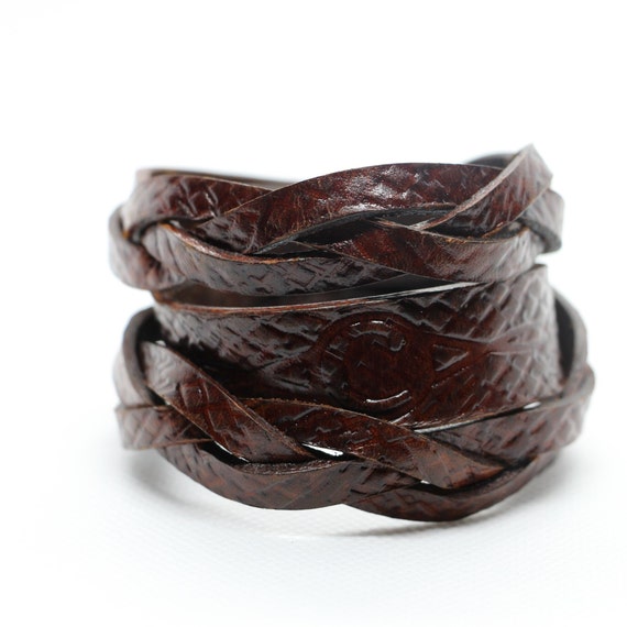 Brown Braided Leather Bracelet Leather Cuff Womens Mens Etsy