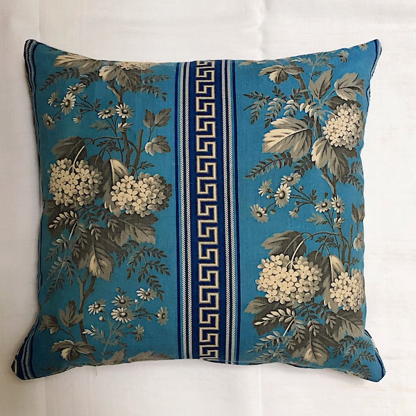 Français en tissu fleuri, ancien Français en tissu, des années 1800, floral, Hortensia de 19ème siècle tissu, bleu, coussin oreiller case, décoratif, toile à matelas