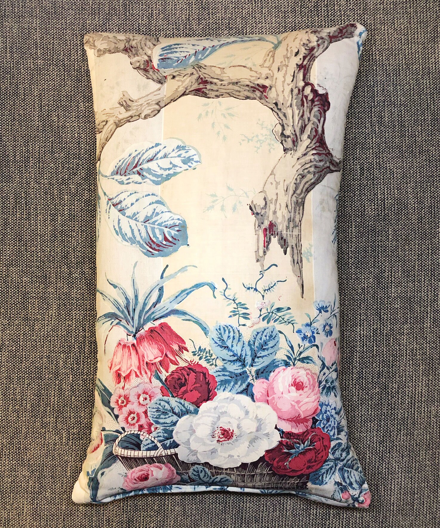 French Fabric Cushion Beautiful Floral 19th Century Chintz Flower Basket French Decor Antique Fabric Pillow Striped Ticking Etsy Canada