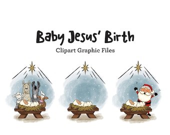 Jesus Birth Clipart Illustrations - Christian Christmas Graphics - Baby Jesus, Barn Animals, Santa - Santa and Baby Jesus - Drawing