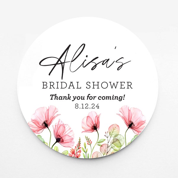 Bridal Shower Favor Stickers - Pink Flowers - Pink Floral and Black - Thank You Stickers - Favor Sticker for Bridal Shower - Baby Shower