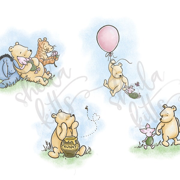 Clásico Winnie the Pooh PNG - Winnie the Pooh Artwork - Conjunto de 4 - Pooh y Piglet - Pooh para sublimación - Bulk Pooh Clipart