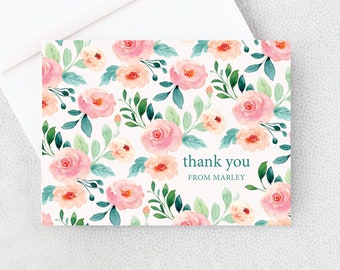 Personalized Thank You Card - Pink Flowers - Folded Thank You Note - Blank Inside - With Envelopes - Flowers - Floral