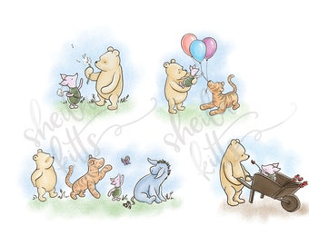 Classic Winnie the Pooh PNG - Winnie the Pooh Artwork - Set of 4 - Pooh and Piglet - Pooh for Sublimation - Bulk Pooh Clipart