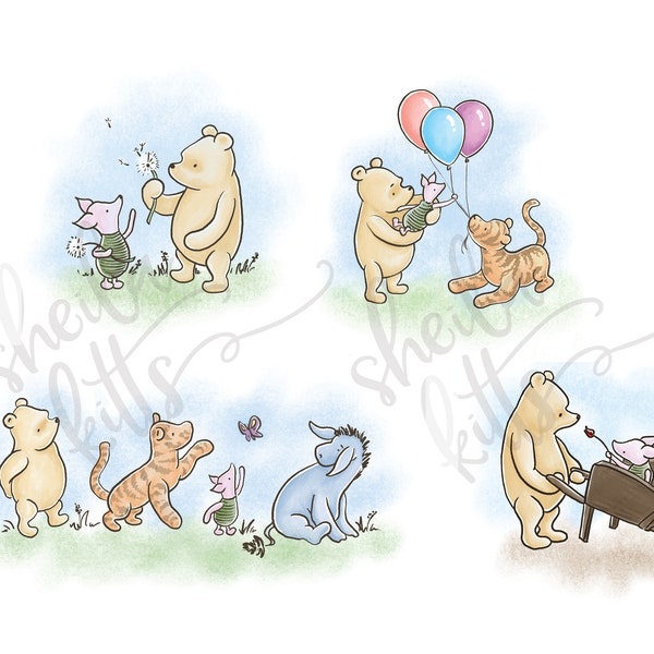 Classic Winnie the Pooh PNG - Winnie the Pooh Artwork - Set of 4 - Pooh and Piglet - Pooh for Sublimation - Bulk Pooh Clipart