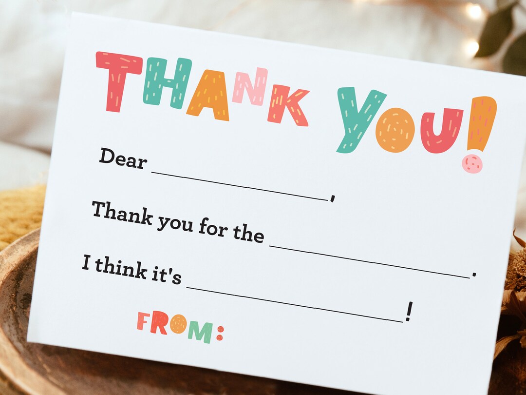 Kids Fill in the Blank Thank You Card Kids Fill in Thank You Notes Kids