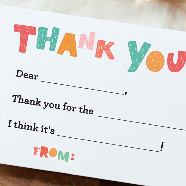 Kids Fill in the Blank Thank You Card - Kids Fill In Thank You Notes - Kids Birthday Thank You - Thank You Card for Kids - Kids Stationery