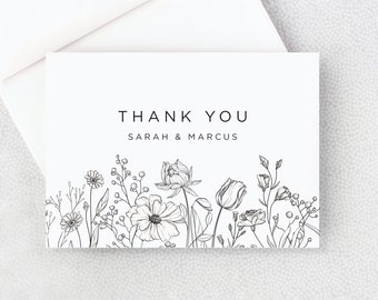 Thank You Card with Wildflowers - Personalized Folded Thank You Card with Envelopes - Black and White - Simple - Elegant