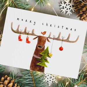 Whimsical Reindeer Christmas Card - Customizable Text - Unique Cute and Quirky - Happy Holidays or Merry Christmas