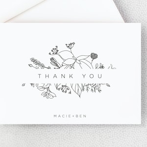 Thank You Card with Flowers - Personalized Folded Thank You Card with Envelopes - Black and White - Simple - Elegant