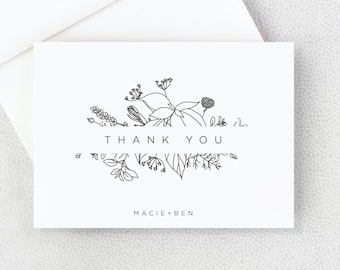 Thank You Card with Flowers - Personalized Folded Thank You Card with Envelopes - Black and White - Simple - Elegant