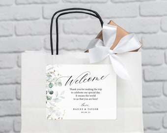 Wedding Welcome Bag Sticker - Greenery Eucalyptus Leaves - Welcome Bag for Hotel Guests Stickers - STICKER ONLY - Rectangle