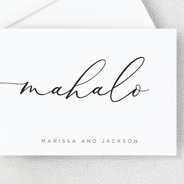 Mahalo Thank You Card - Hawaiian Personalized Folded Thank You Card with Envelopes - Black and White - Simple - Elegant