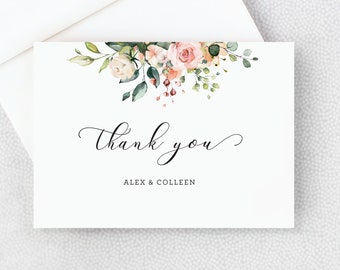 Wedding Thank You Card - Shower Thank You Card - Personalized Folded Thank You Card with Envelopes - Faux Faux Gold and Blush Pink Flowers