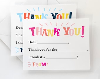 Kids Fill in the Blank Thank You Card - Kids Fill In Thank You Notes - Kids Birthday Thank You - Thank You Card for Kids - Kids Stationery