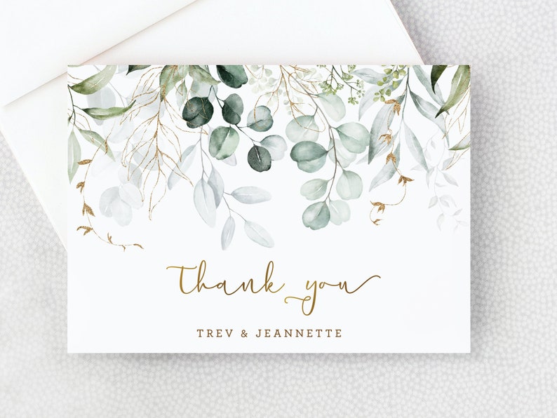 Wedding Thank You Card Shower Thank You Card Personalized Folded Thank You Card with Envelopes Eucalyptus Leaves Gold image 2