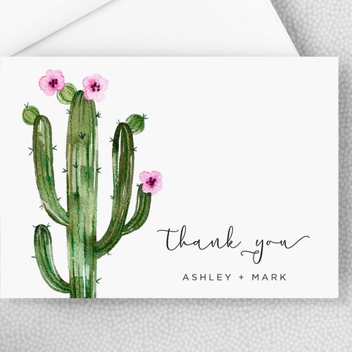 Cactus Thank You Card - Wedding Thank You Card - Personalized Folded Thank You Card with Envelopes - Watercolor Cactus