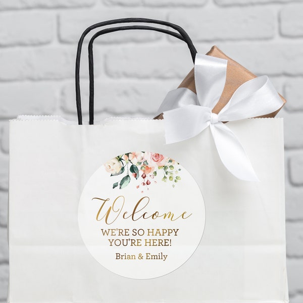Wedding Welcome Bag Sticker - Faux Gold and Blush Floral - Welcome Bag for Hotel Guests Stickers