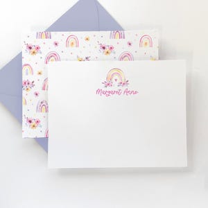 Ensemble de papeterie personnalisée - Ensemble de cartes de correspondance arc-en-ciel pour filles - Carte de correspondance plate - Papeterie aquarelle arc-en-ciel - Cadeau pour elle - Lot de 16