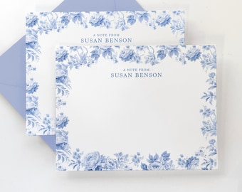 Personalized Stationery Set - Toile Note Card Set - Blue Toile Flowers Flat Note Card - Gift for Her - Set of 16