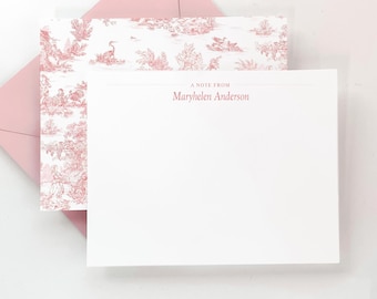 Personalized Stationery Set - Toile Note Card Set - Pink Toile Flat Note Card - Gift for Her - Set of 16