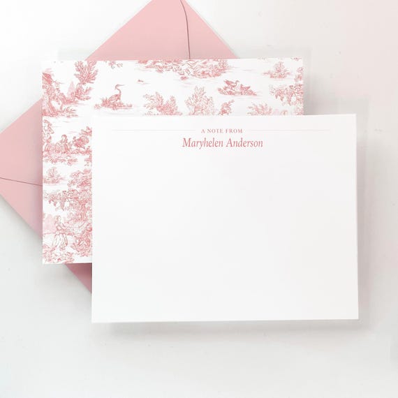 Personalized Stationery Set - Toile Note Card Set - Pink Toile Flat Note Card - Gift for Her - Set of 16