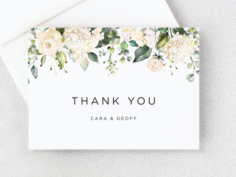 Thank You Card Personalized Folded Thank You Card with Envelopes White Flowers Floral 画像 1