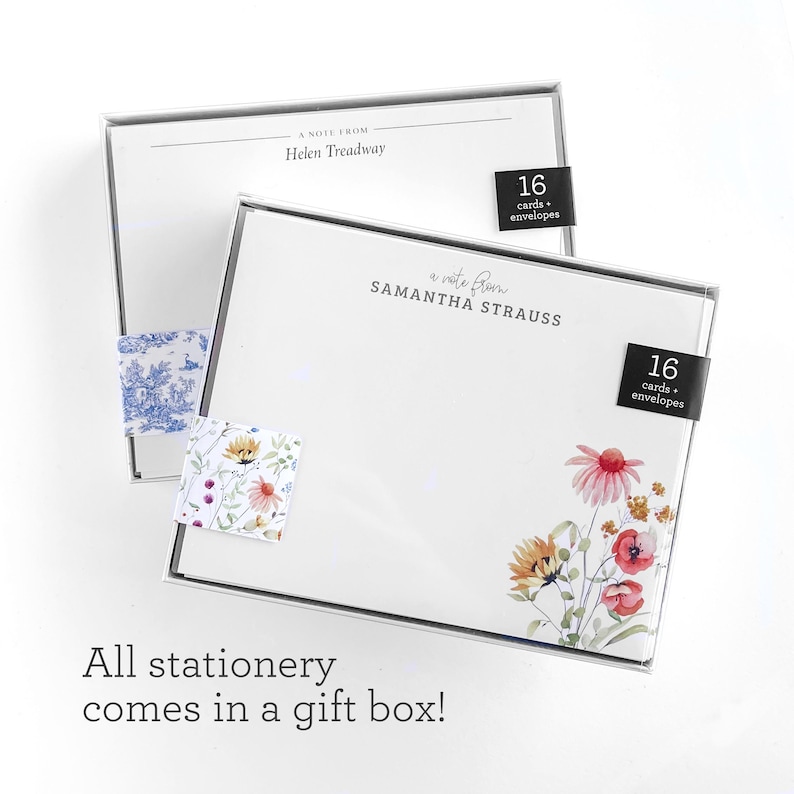 May include: Two boxes of stationery with floral designs. The top box has the text "A Note From Helen Treadway" and the bottom box has the text "A Note From Samantha Strauss". Both boxes contain 16 cards and envelopes.