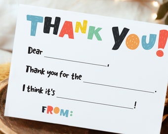 Kids Fill in the Blank Thank You Card - Kids Fill In Thank You Notes - Kids Birthday Thank You - Thank You Card for Kids - Kids Stationery