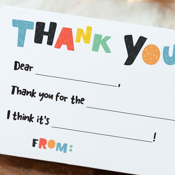 Kids Fill in the Blank Thank You Card - Kids Fill In Thank You Notes - Kids Birthday Thank You - Thank You Card for Kids - Kids Stationery