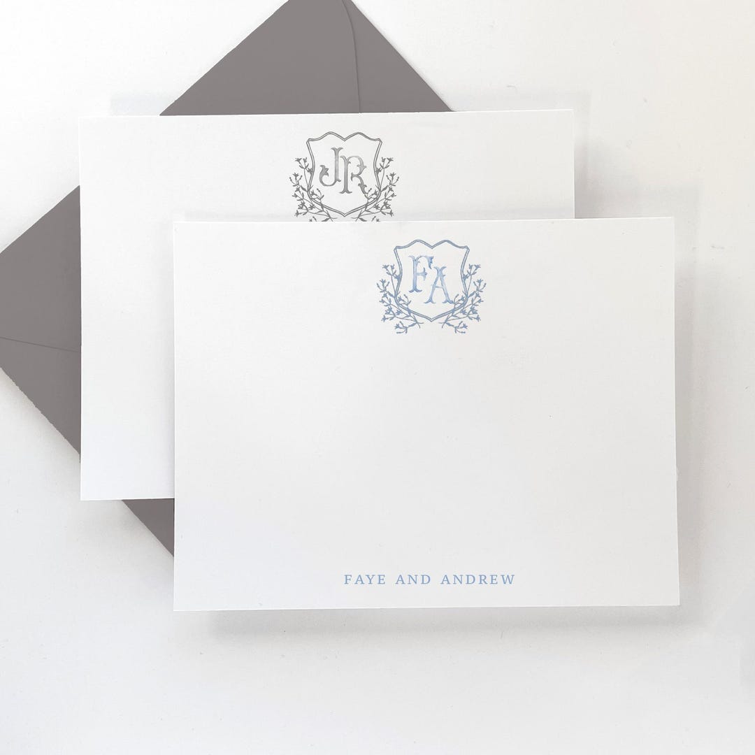Personalized Stationery Set - Watercolor Monogram Crest Note Card Set ...