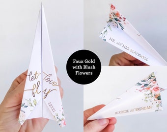 Personalized Paper Airplane Wedding Send Off with Blush Flowers - Paper Airplanes with Name and Date - Unfolded - Unique Send Off