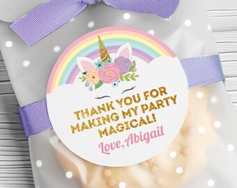 May include: A white round thank you tag with a rainbow, unicorn, and flowers. The tag says "Thank you for making my party magical! Love, Abigail".