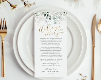 PRINTED Wedding Thank You Card - Eucalyptus and Faux Gold or Black - Table Thank You Card - Personalized Welcome and Thank You Card