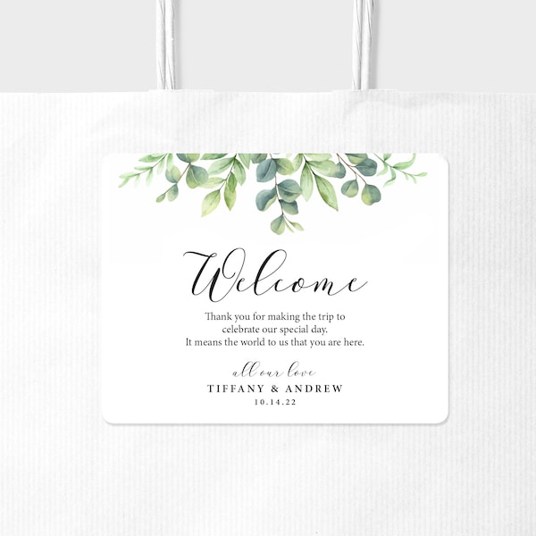 Wedding Welcome Bag Sticker - Greenery Eucalyptus Leaves - Welcome Bag for Hotel Guests Stickers - STICKER ONLY - Rectangle