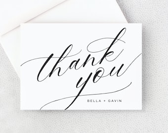 Thank You Card - Personalized Folded Thank You Card with Envelopes - Calligraphy Black and White - Simple - Elegant