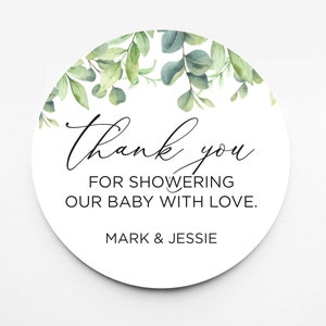 Thank You Favor Sticker - Eucalyptus Leaves and Black - Baby Shower Favor Sticker - Thank you for showering our baby with love