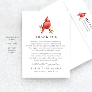 May include: Thank you card with a watercolor illustration of a cardinal bird on a branch. The card includes the text "Thank You" and "The Miller Family" with the names Maggie, Susan, Mark & Lily.