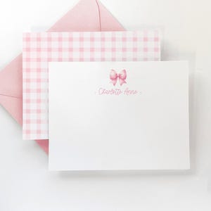 Pink Bow Personalized Stationery Set - Girls Pink Bow Note Card Set - Watercolor Bow and Plaid Girl Stationery - Gift for Her - Set of 16