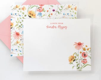 Personalized Stationery Set - Floral Note Card Set - Wildflower Flat Note Card - Gift for Her - Set of 16